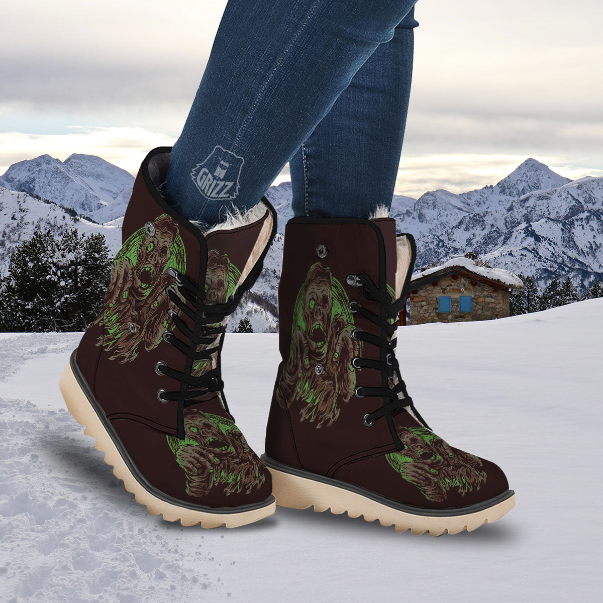 Zombie Walking Green Print Snow Boots-grizzshop