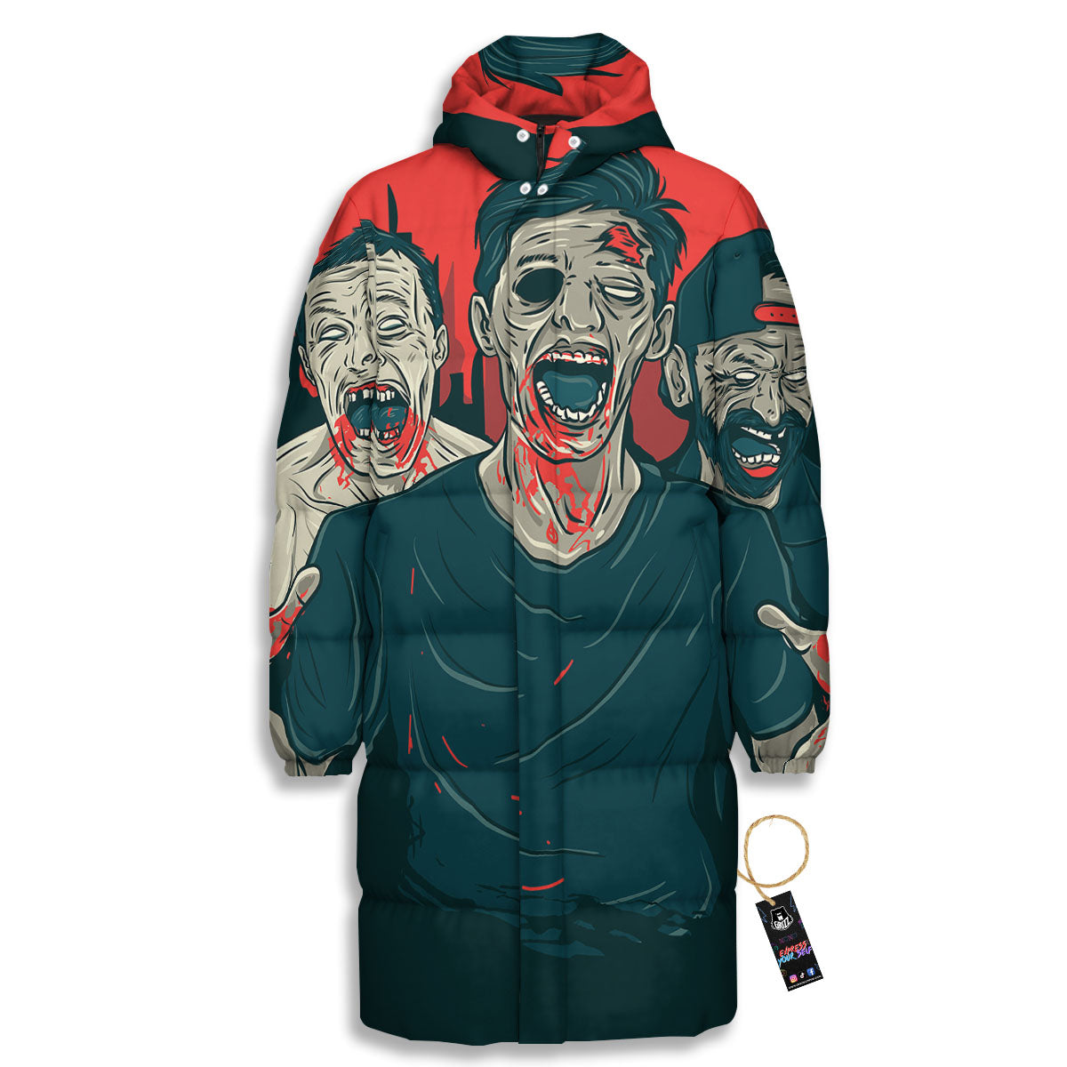 Zombie Crowd Halloween Print Long Down Jacket