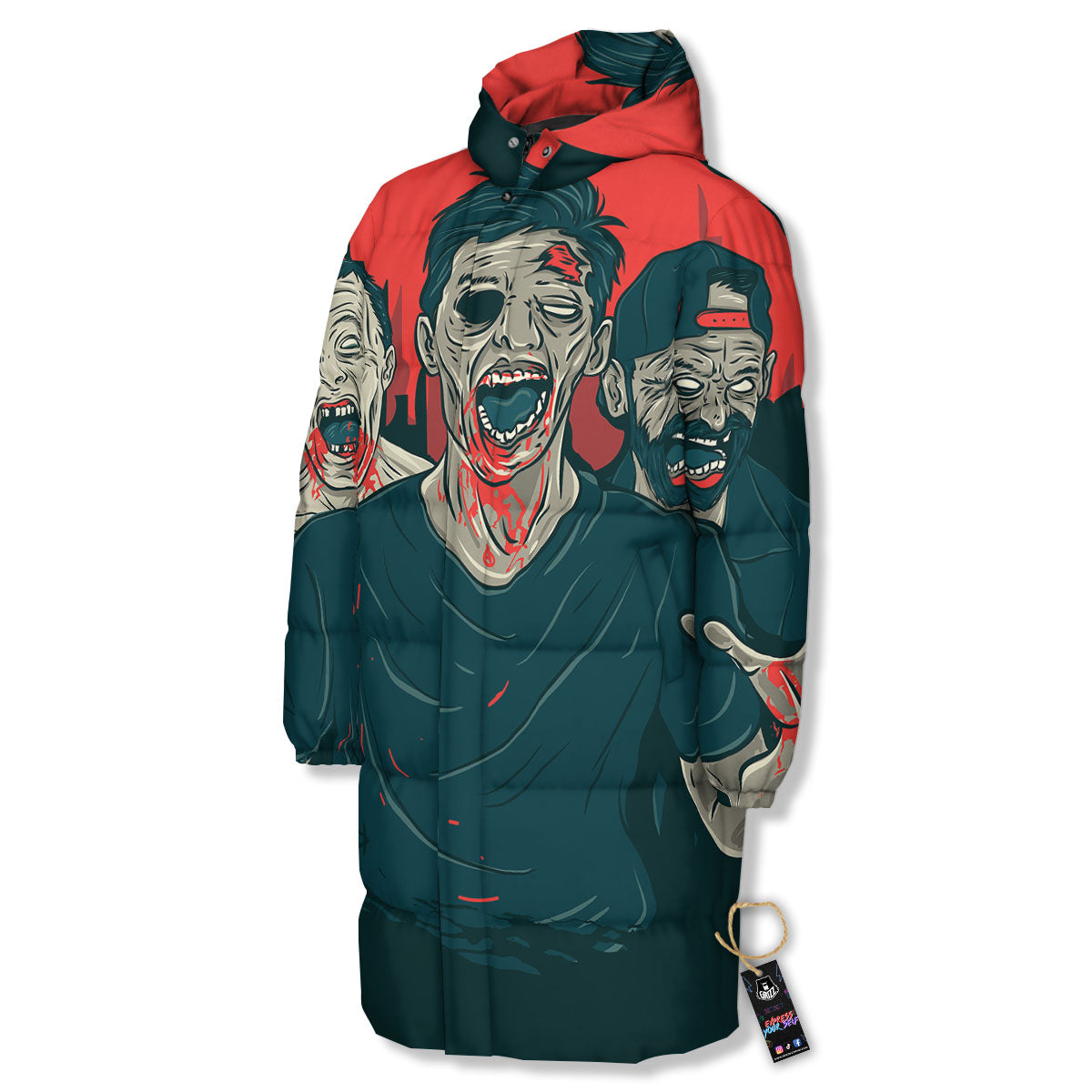 Zombie Crowd Halloween Print Long Down Jacket