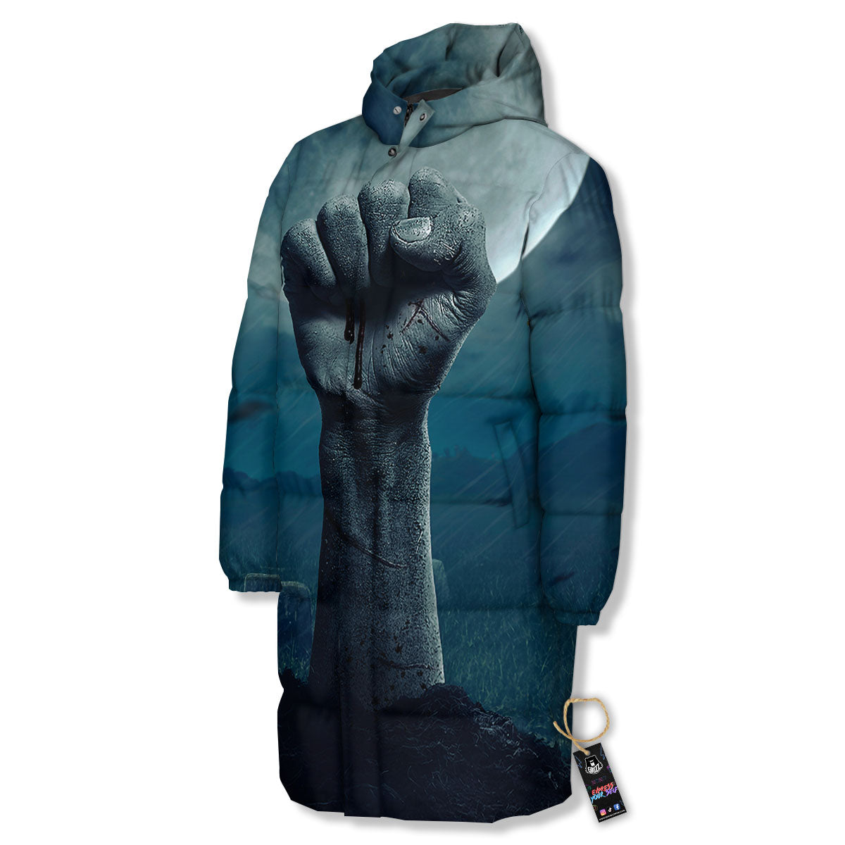 Zombie Hand Rising From Grave Print Long Down Jacket