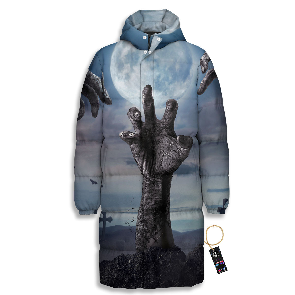 Zombie Hands Halloween Print Long Down Jacket