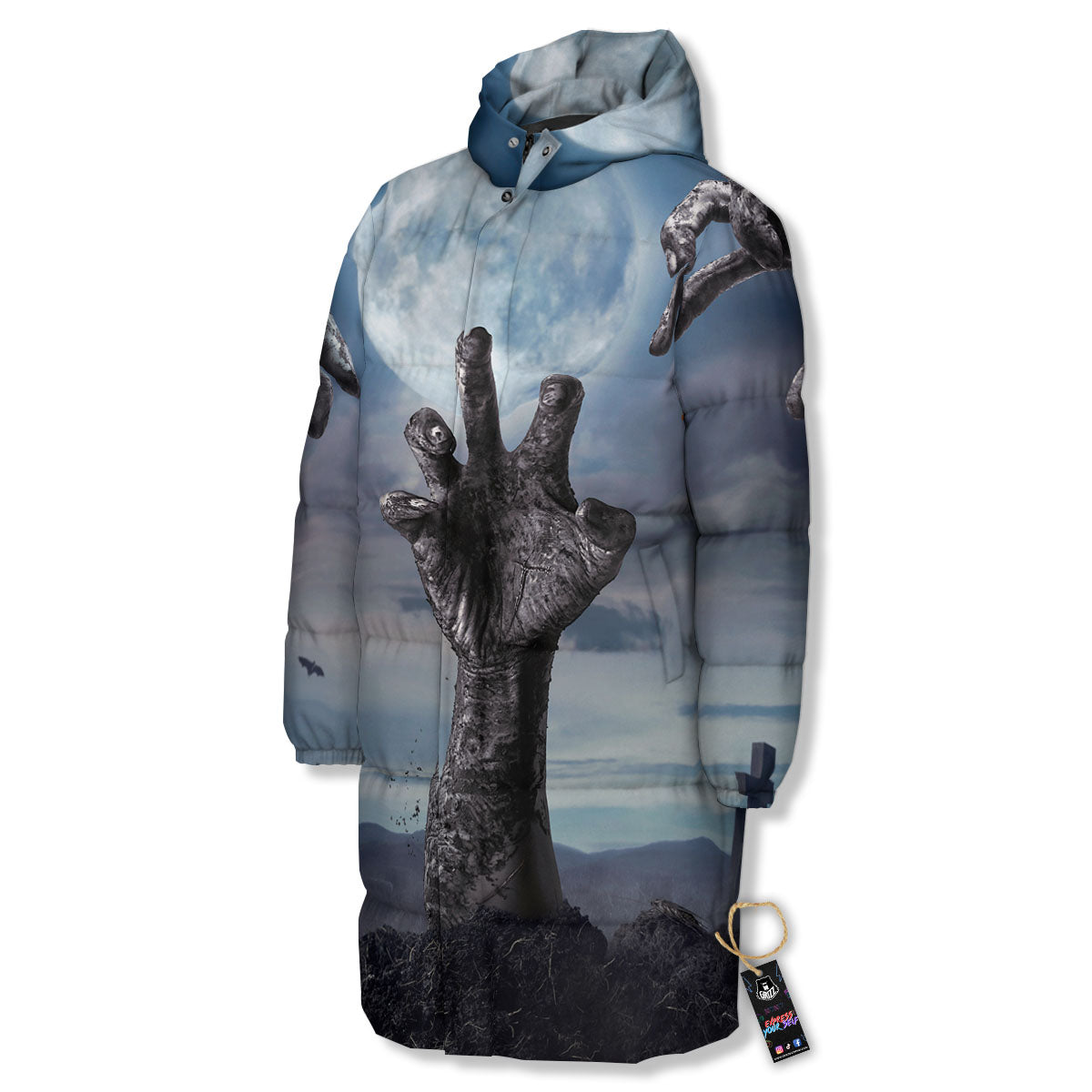 Zombie Hands Halloween Print Long Down Jacket