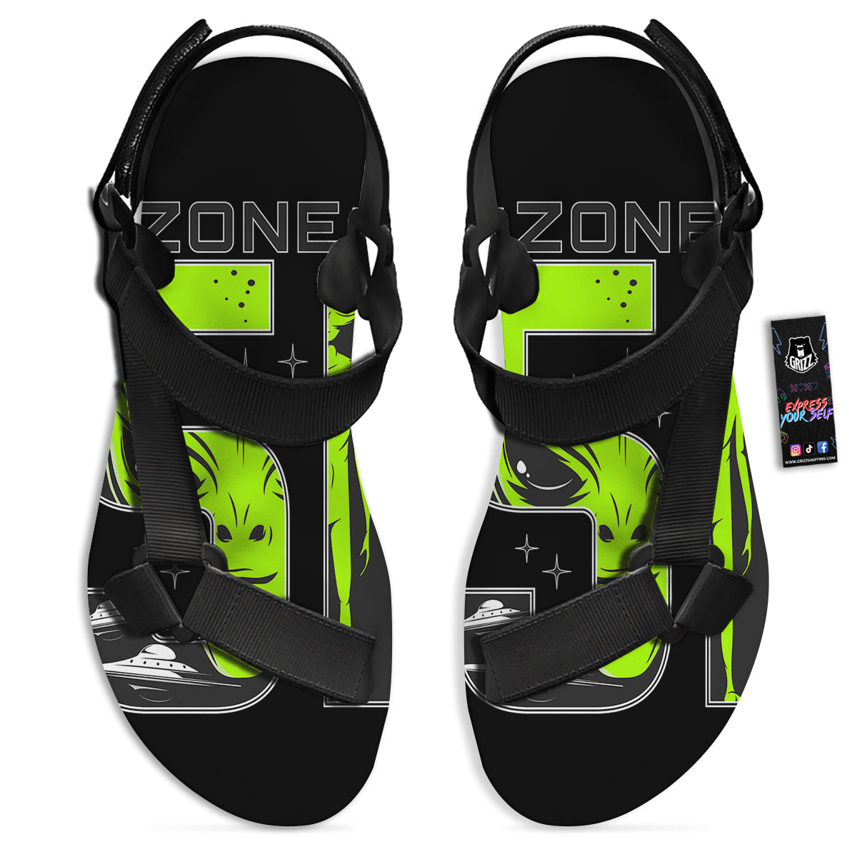 Zone 51 Alien And UFO Print Black Open Toe Sandals-grizzshop