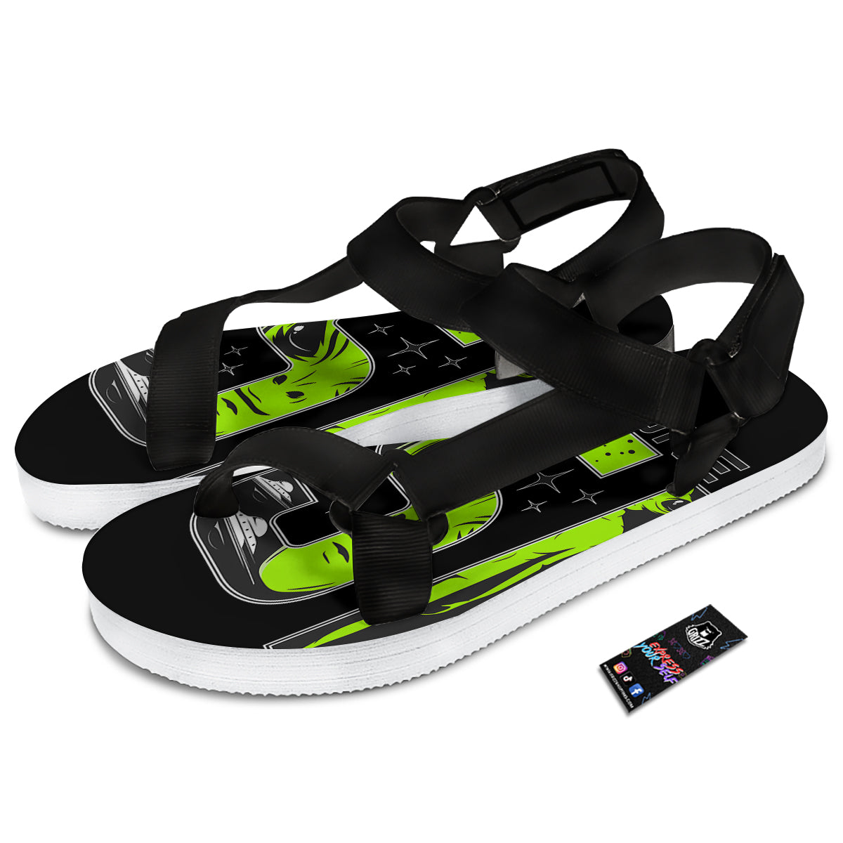 Zone 51 Alien And UFO Print Black Open Toe Sandals-grizzshop