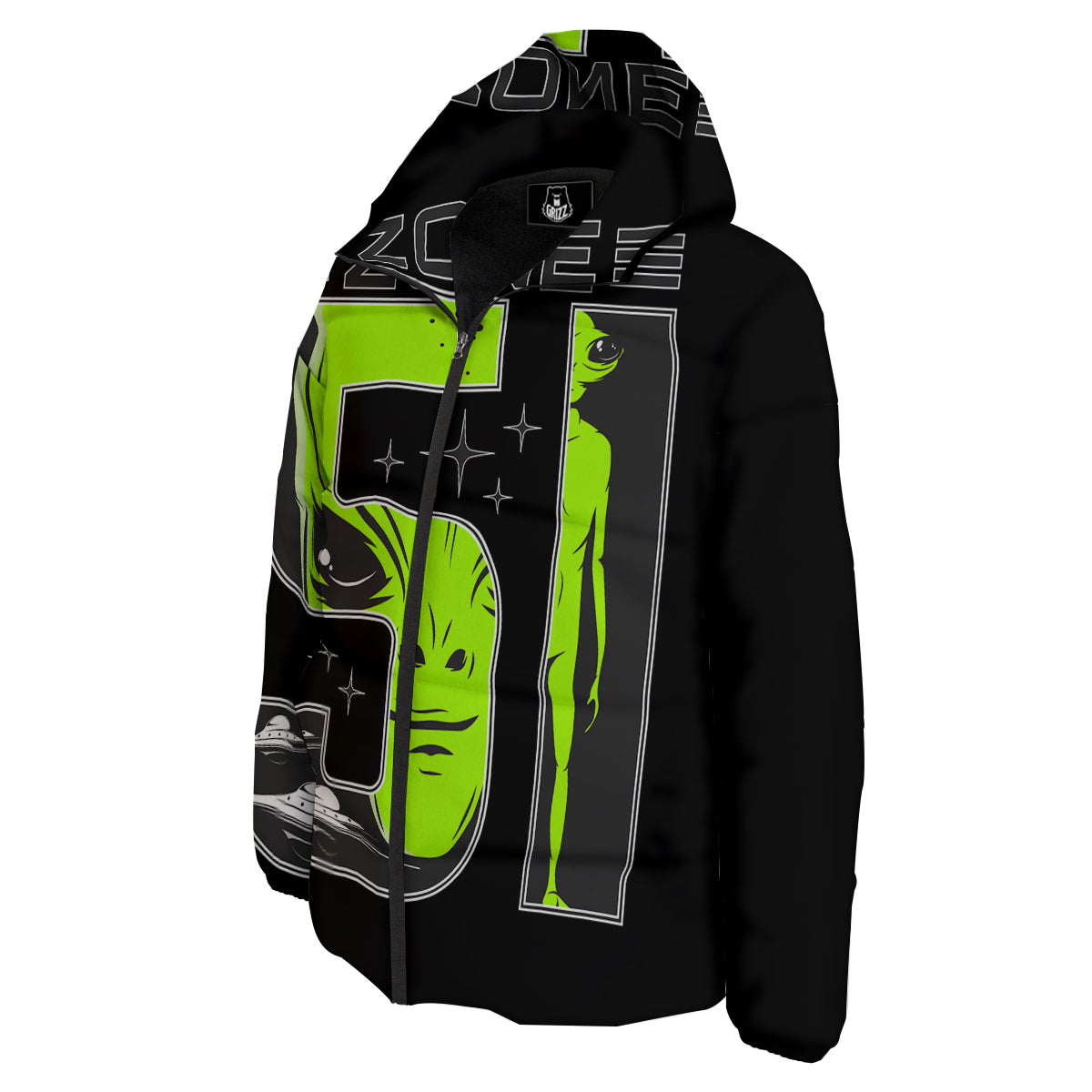 Zone 51 Alien And UFO Print Down Jacket-grizzshop