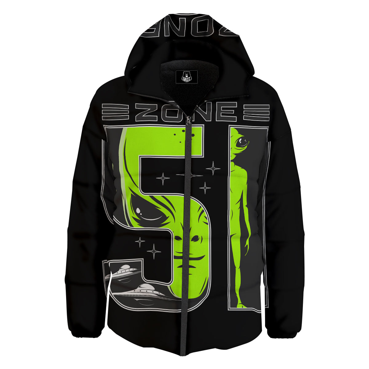 Zone 51 Alien And UFO Print Down Jacket-grizzshop