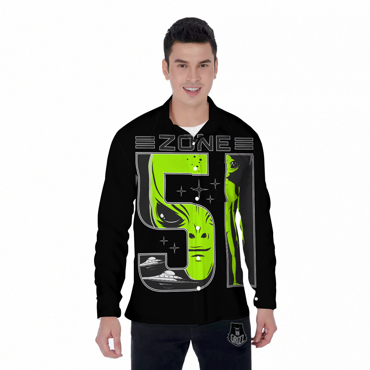 Zone 51 Alien And UFO Print Men's Long Sleeve Shirts-grizzshop