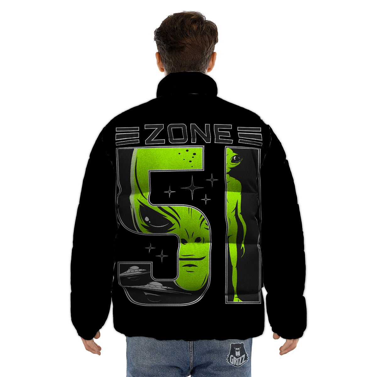 Zone 51 Alien And UFO Print Puffer Jacket-grizzshop