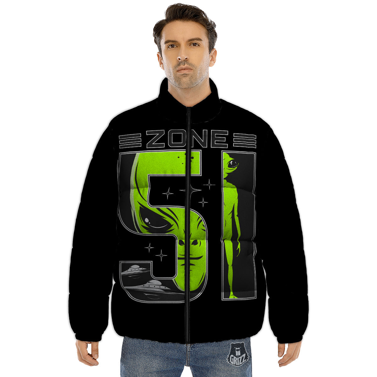 Zone 51 Alien And UFO Print Puffer Jacket-grizzshop