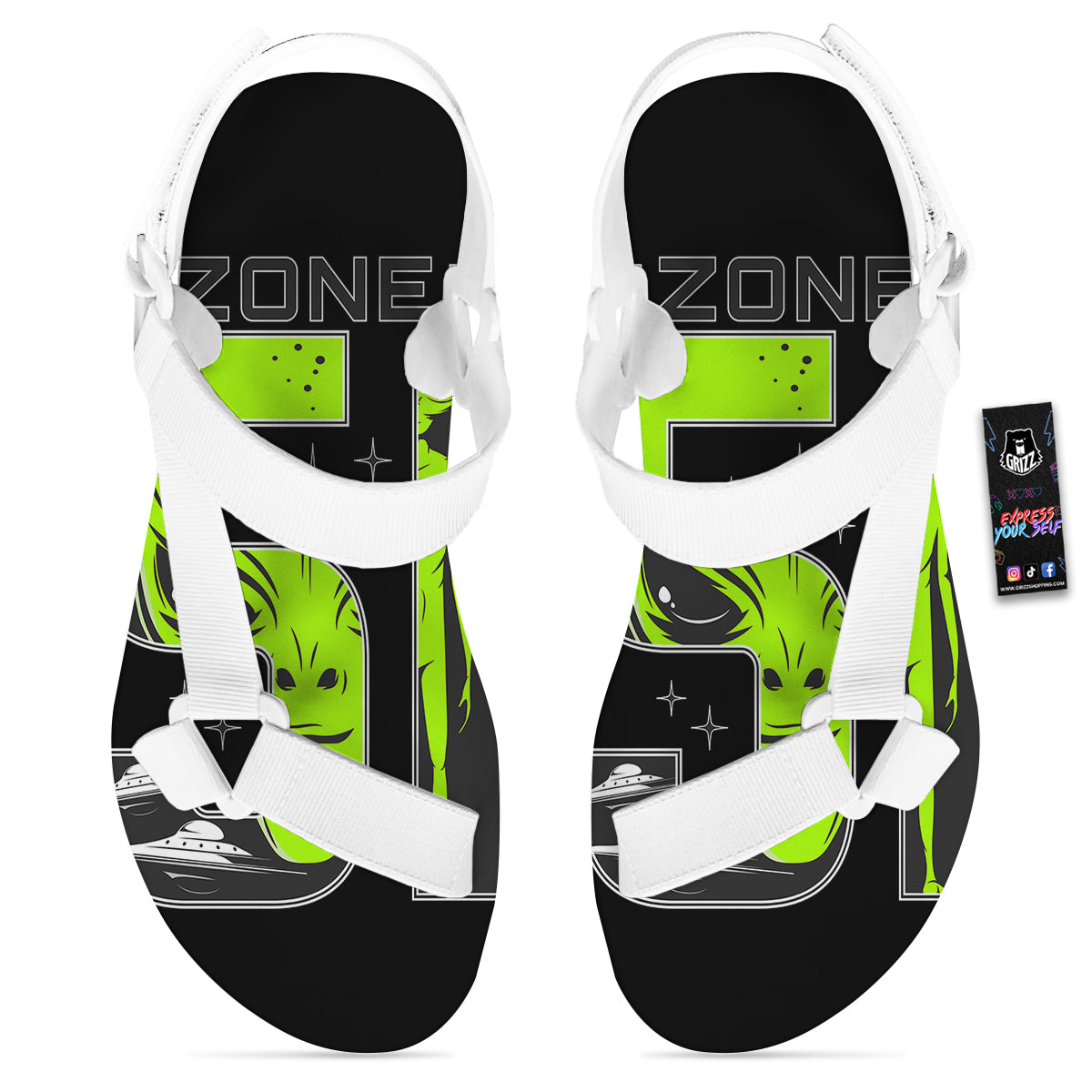 Zone 51 Alien And UFO Print White Open Toe Sandals-grizzshop