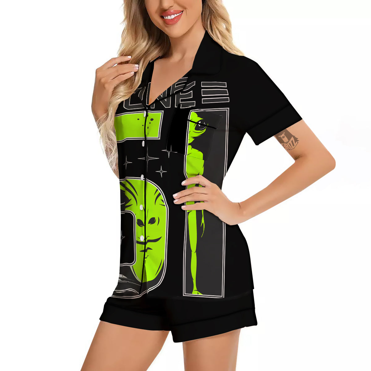 Zone 51 Alien And UFO Print Women Silk Pajamas-grizzshop