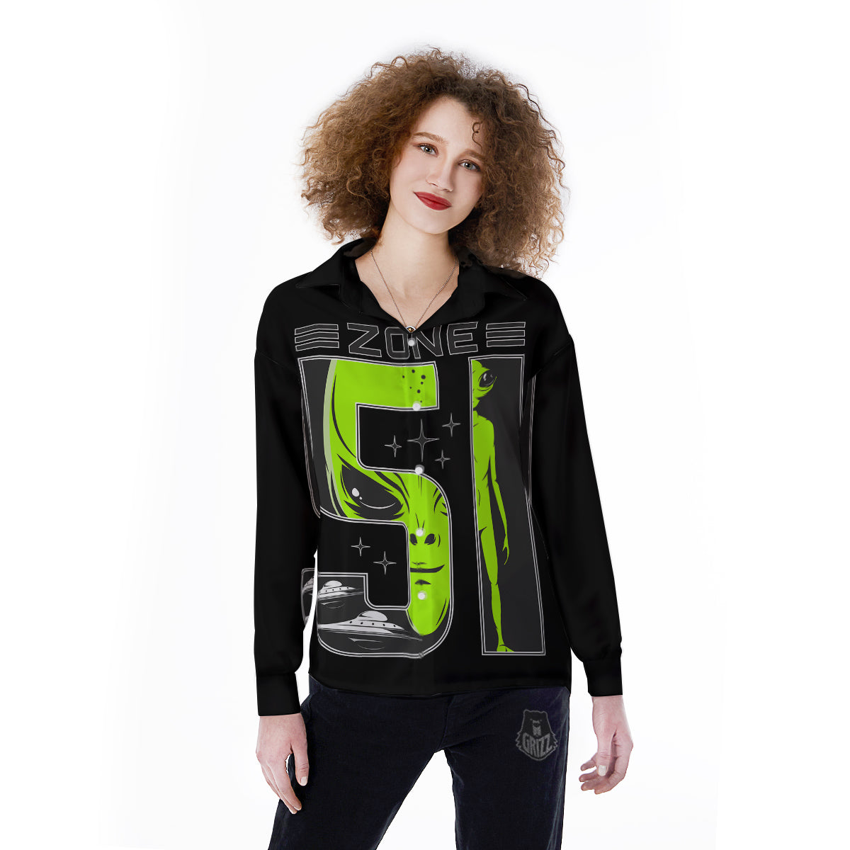 Zone 51 Alien And UFO Print Women's Long Sleeve Shirts-grizzshop