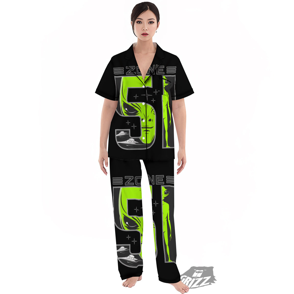 Zone 51 Alien And UFO Print Women's Pajamas Set-grizzshop