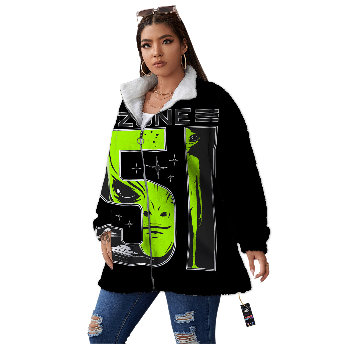 Zone 51 Alien And UFO Print Women's Sherpa Jacket-grizzshop