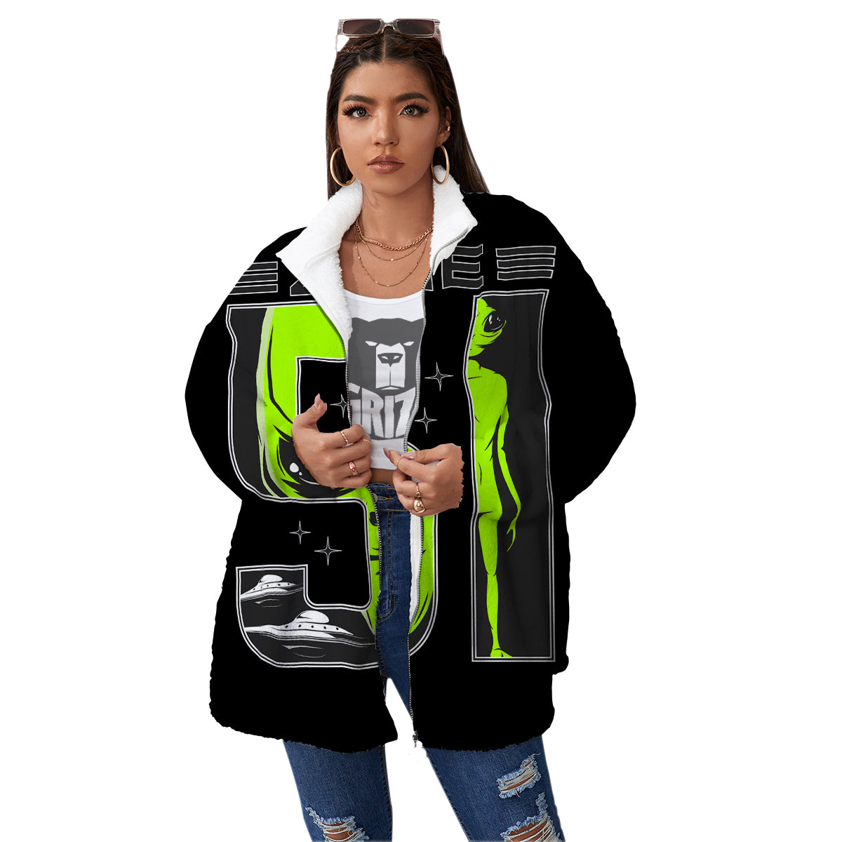 Zone 51 Alien And UFO Print Women's Sherpa Jacket-grizzshop