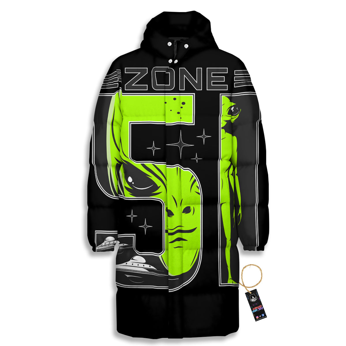 Zone 51 Alien And UFO Print Long Down Jacket
