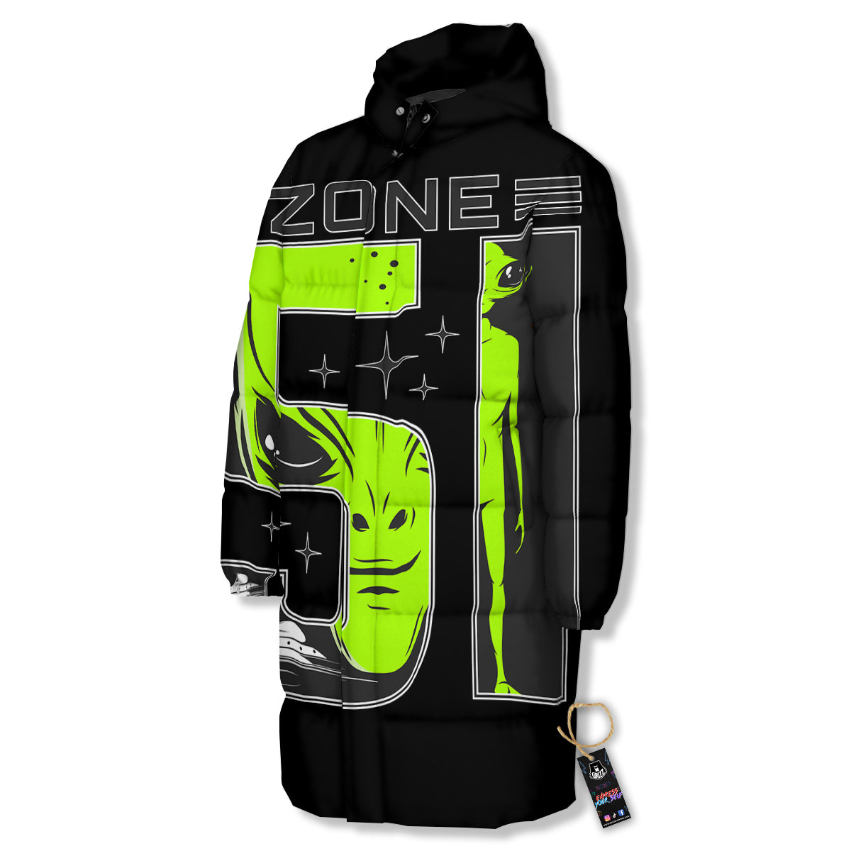 Zone 51 Alien And UFO Print Long Down Jacket