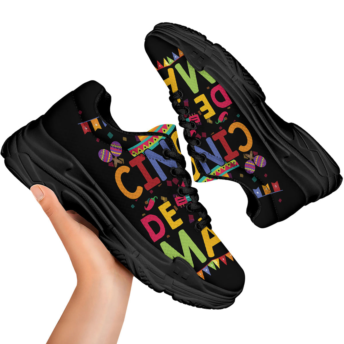 de Mayo Colorful Cinco Print Black Chunky Shoes-grizzshop
