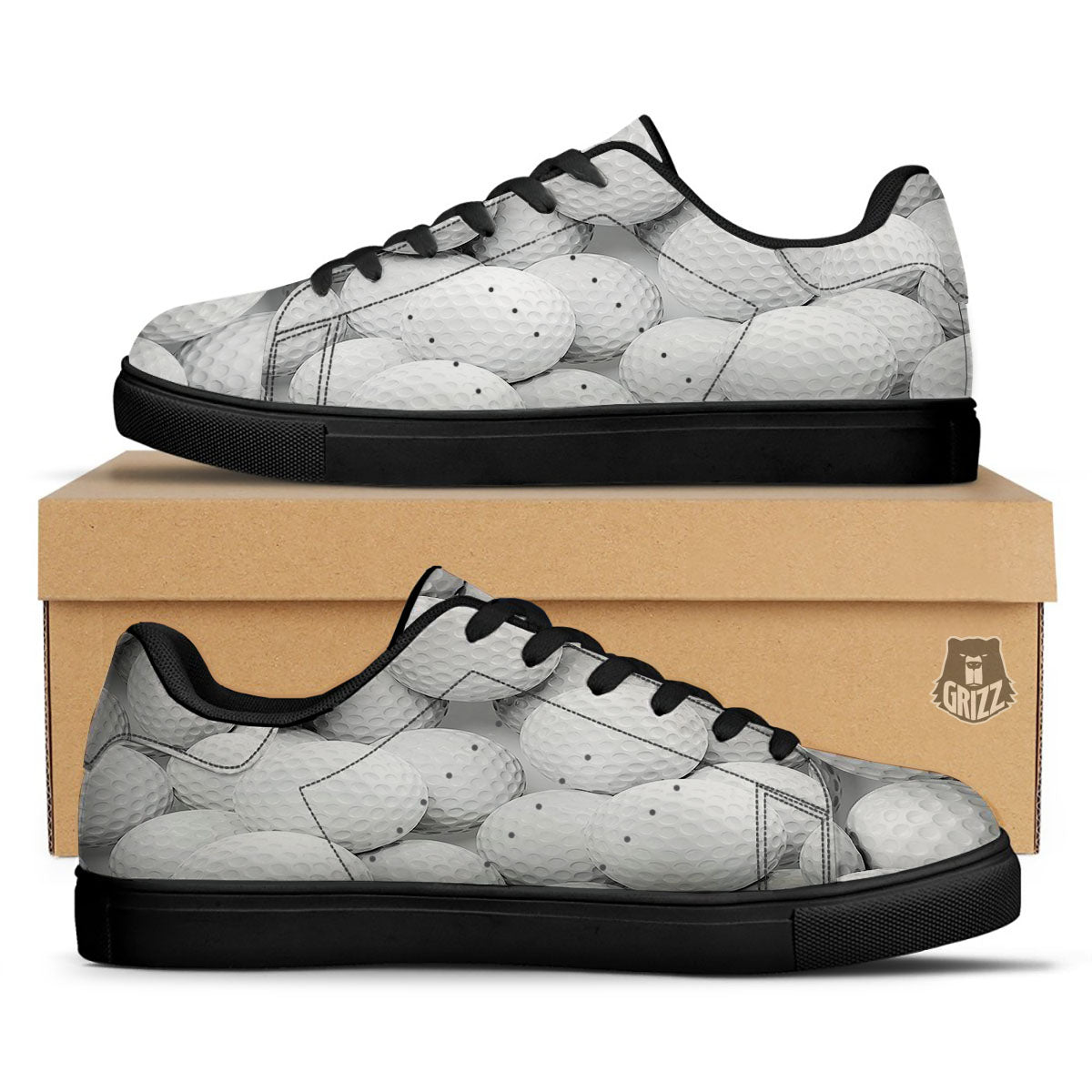 3D Golf Ball Print Black Low Top Sneakers-grizzshop