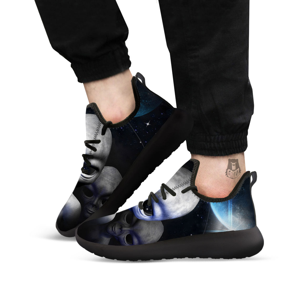 3D Grey Alien Print Black Athletic Shoes-grizzshop