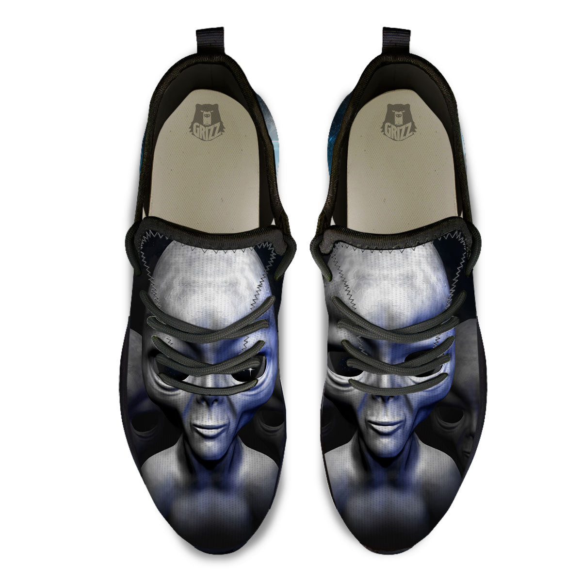 3D Grey Alien Print Black Athletic Shoes-grizzshop