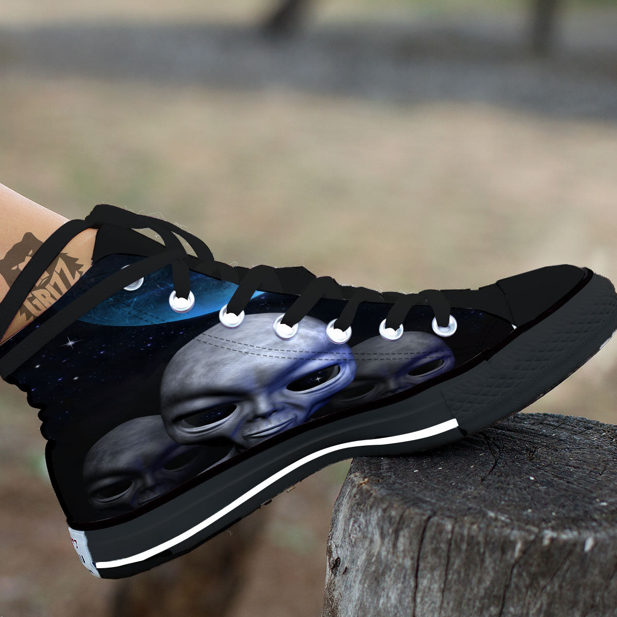 3D Grey Alien Print Black High Top Shoes-grizzshop