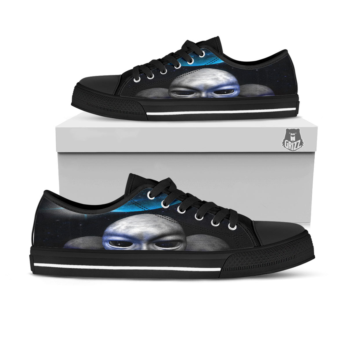3D Grey Alien Print Black Low Top Shoes-grizzshop
