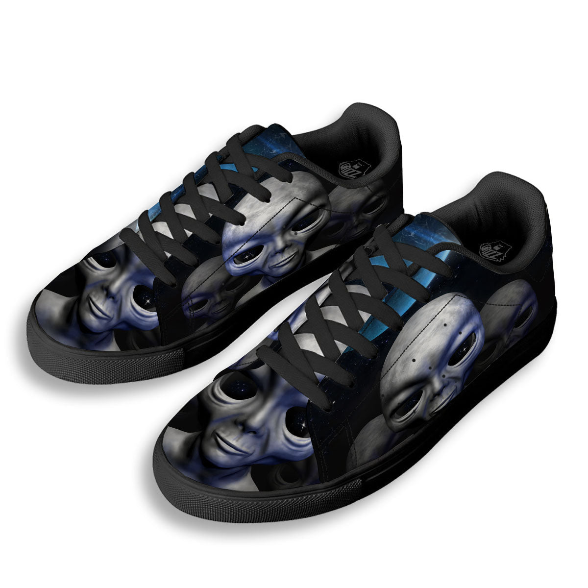 3D Grey Alien Print Black Low Top Sneakers-grizzshop
