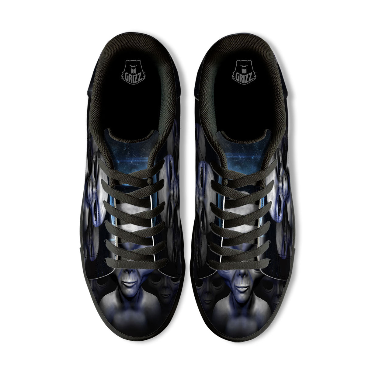 3D Grey Alien Print Black Low Top Sneakers-grizzshop