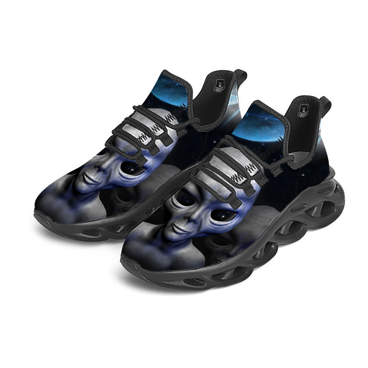 3D Grey Alien Print Black Running Shoes-grizzshop
