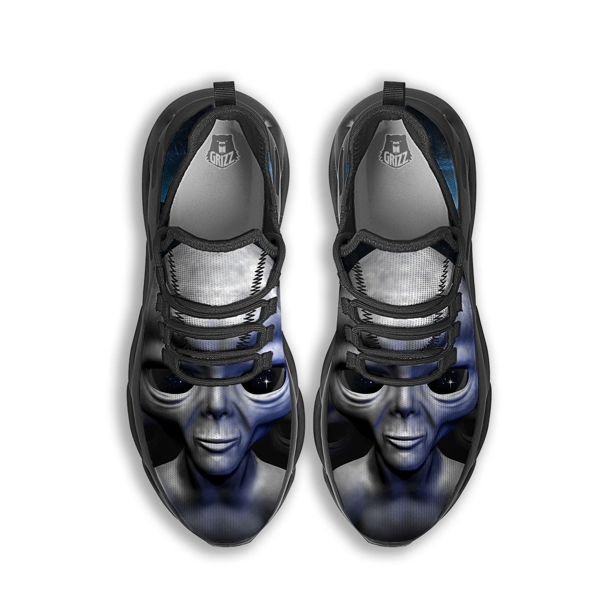 3D Grey Alien Print Black Running Shoes-grizzshop