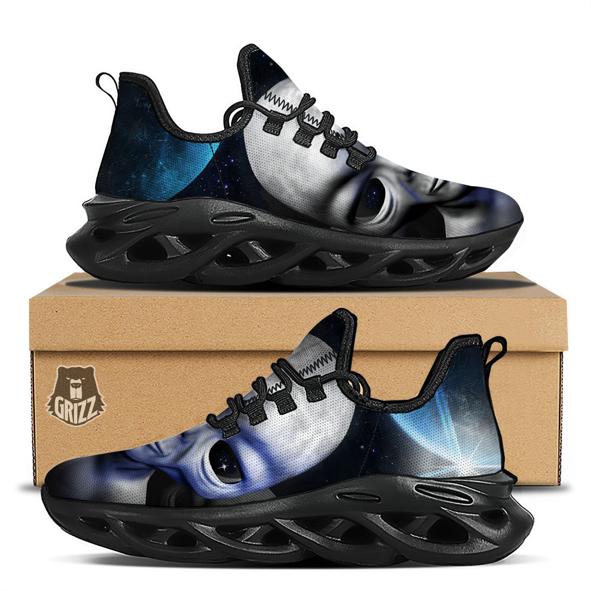 3D Grey Alien Print Black Running Shoes-grizzshop