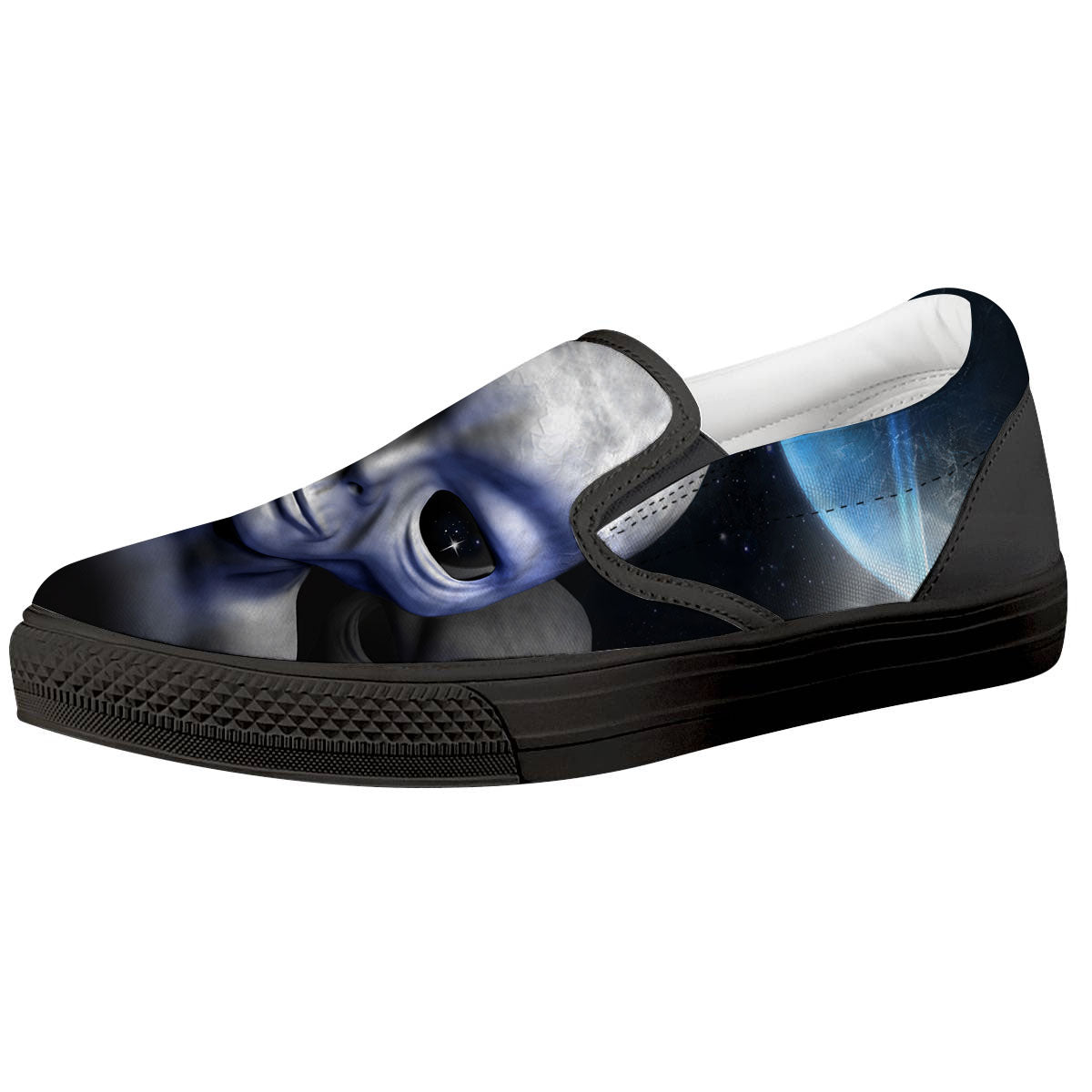 3D Grey Alien Print Black Slip On Shoes-grizzshop