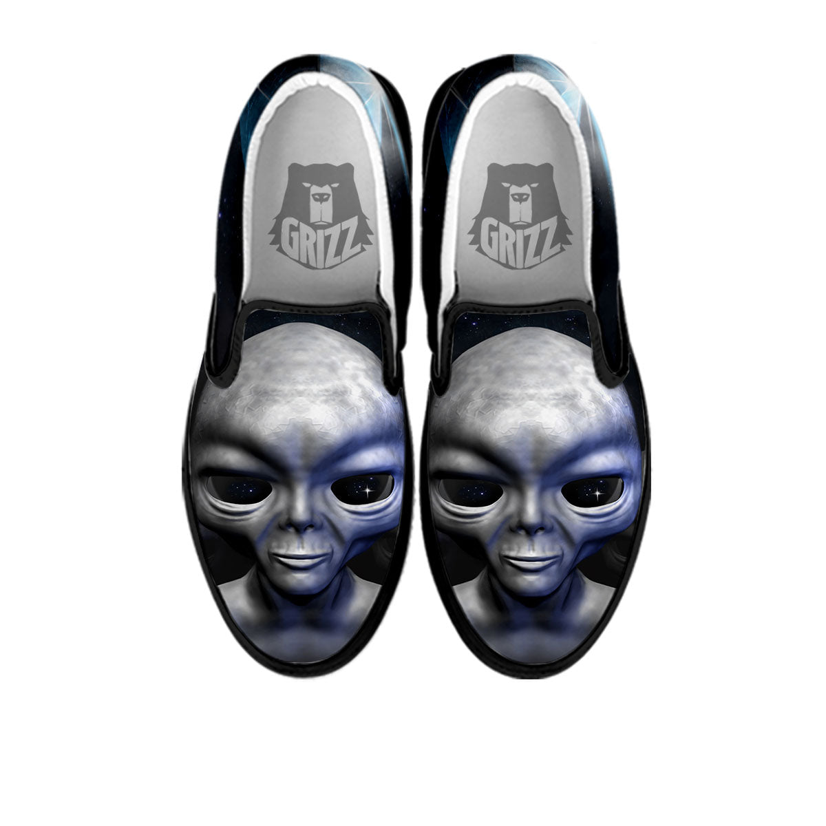 3D Grey Alien Print Black Slip On Shoes-grizzshop