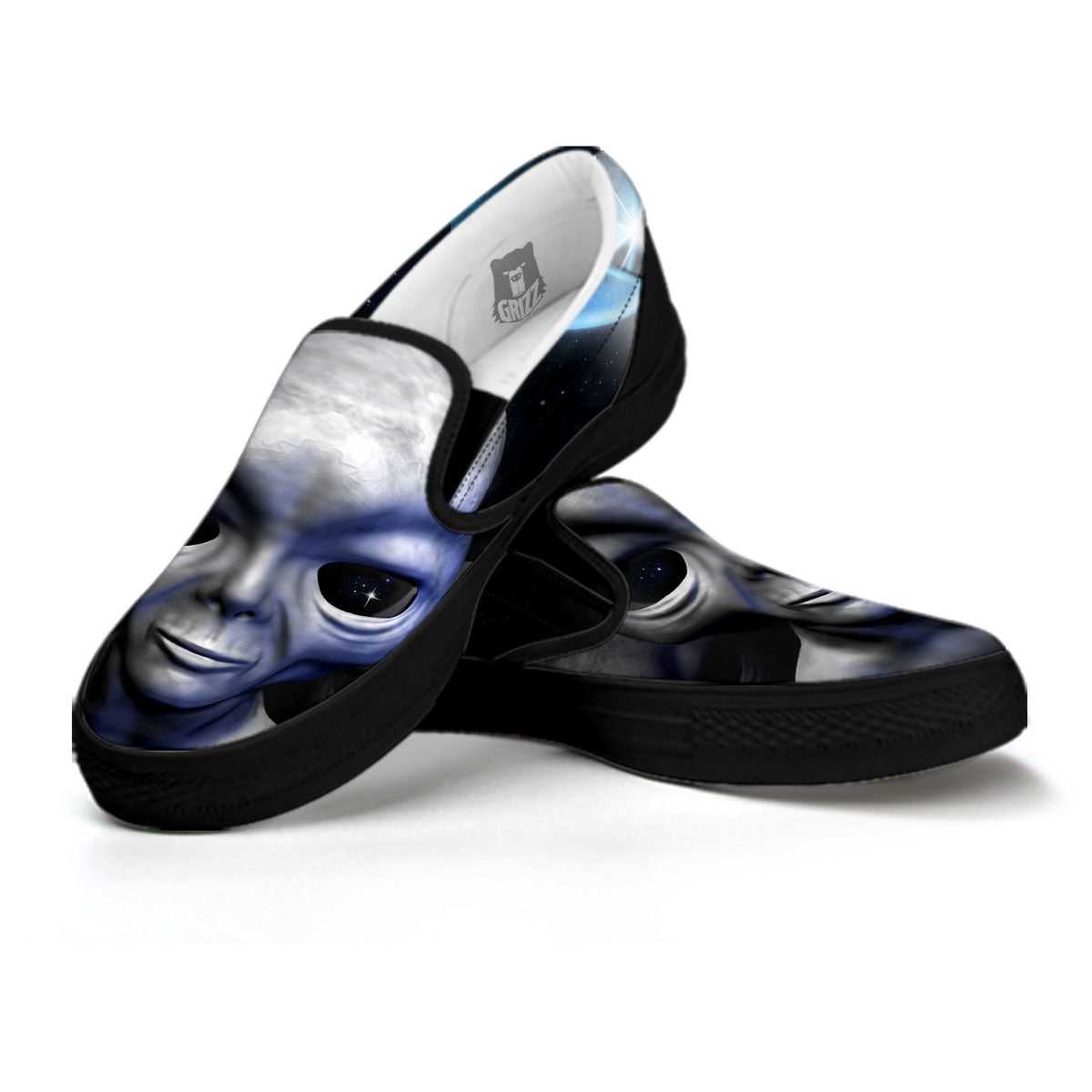 3D Grey Alien Print Black Slip On Shoes-grizzshop
