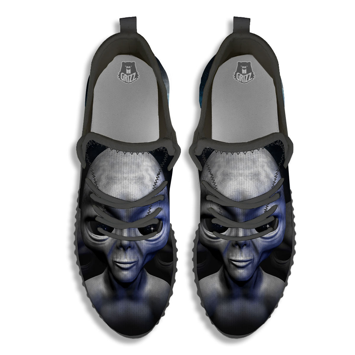 3D Grey Alien Print Black Walking Shoes-grizzshop