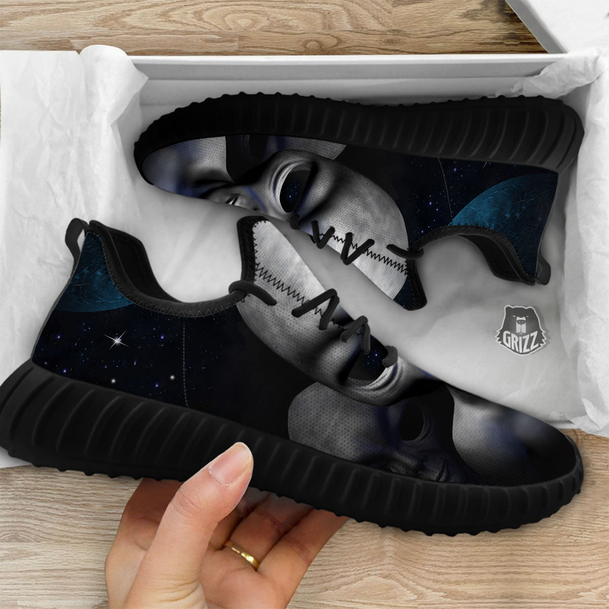 3D Grey Alien Print Black Walking Shoes-grizzshop