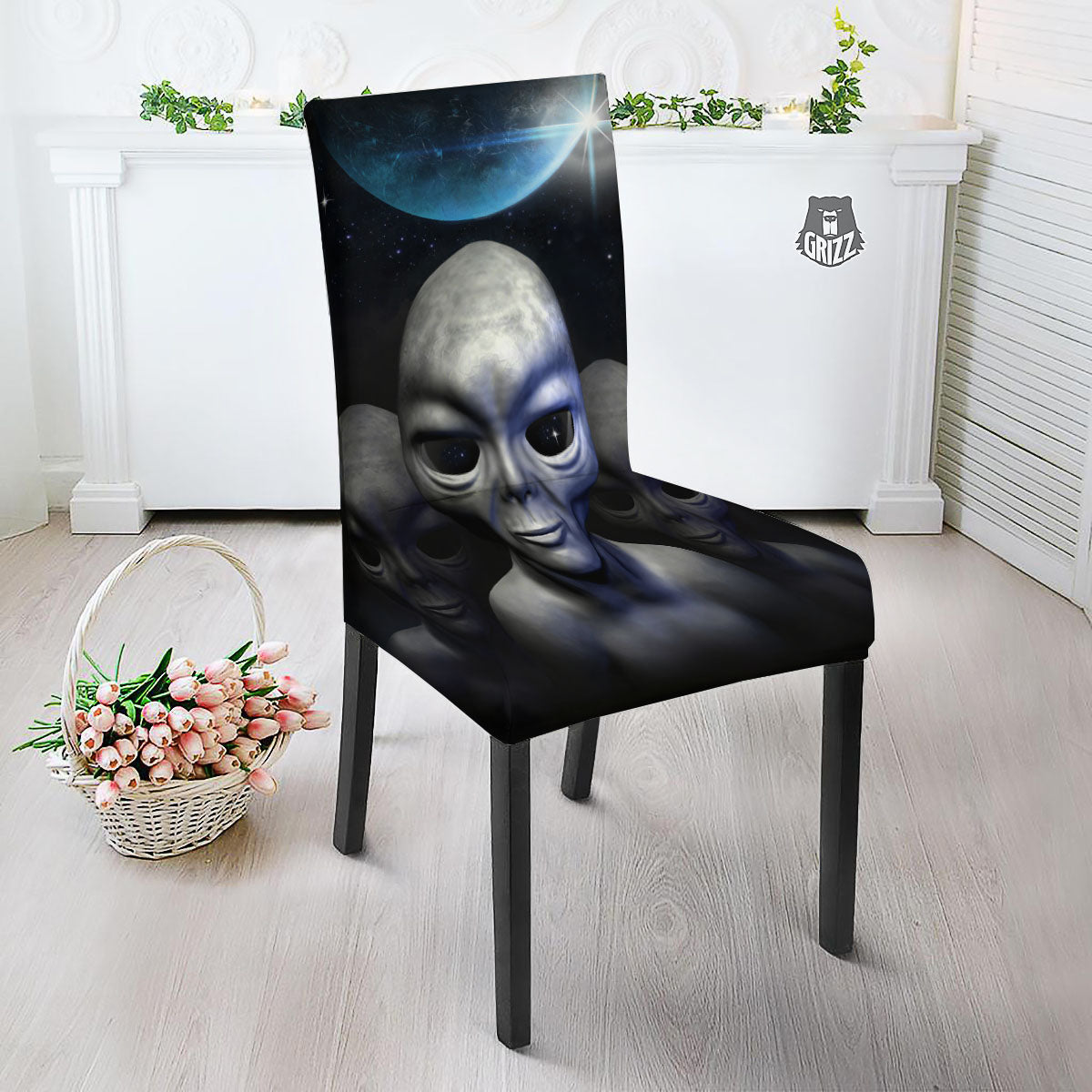 3D Grey Alien Print Dining Chair Slipcover-grizzshop