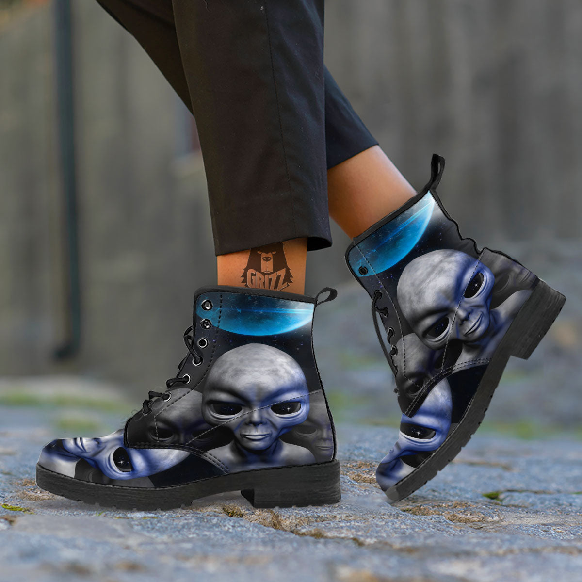 3D Grey Alien Print Leather Boots-grizzshop