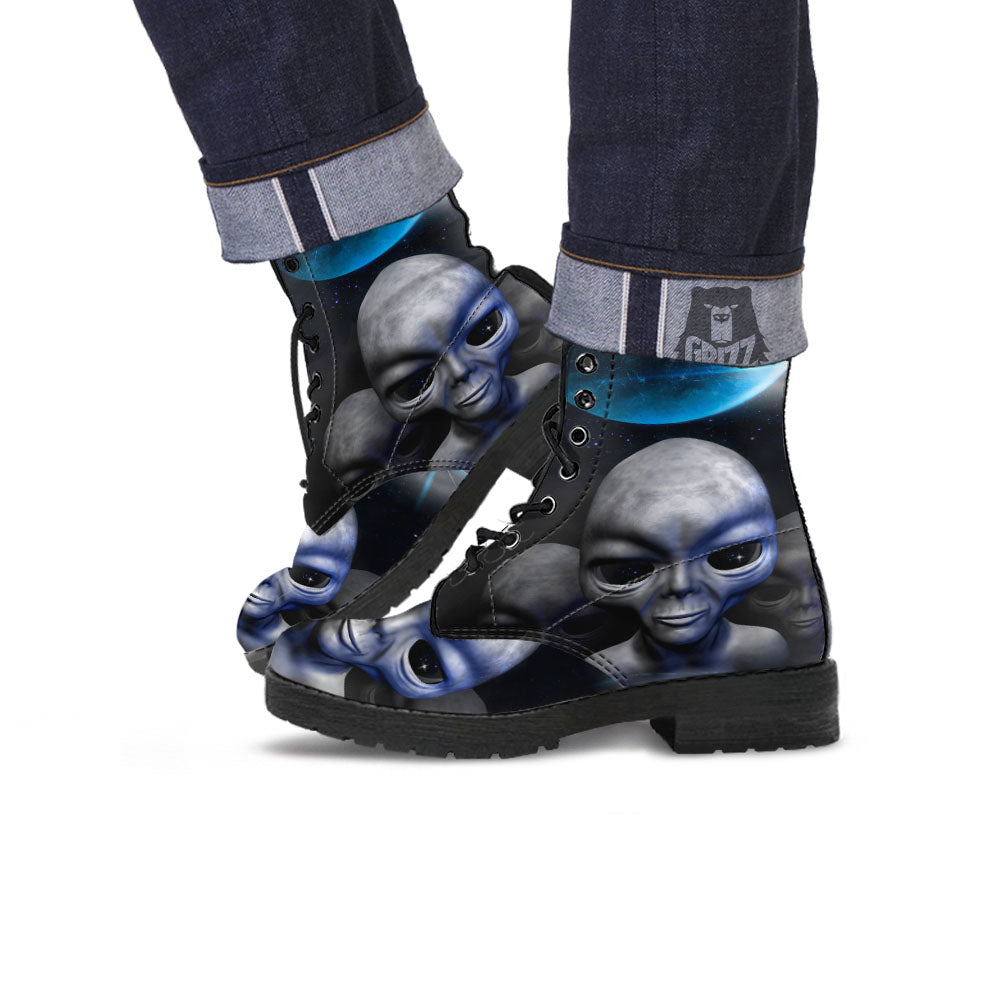 3D Grey Alien Print Leather Boots-grizzshop