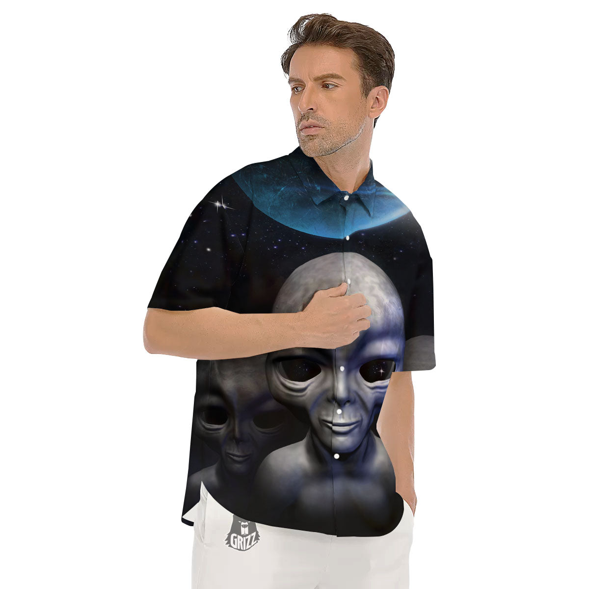 3D Grey Alien Print Men's Short Sleeve Shirts-grizzshop