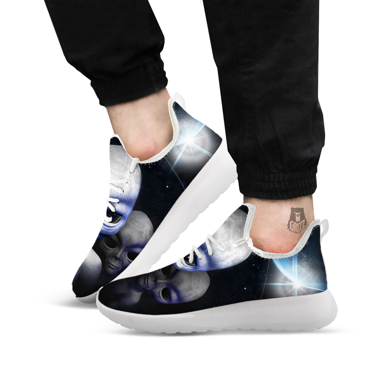 3D Grey Alien Print White Athletic Shoes-grizzshop