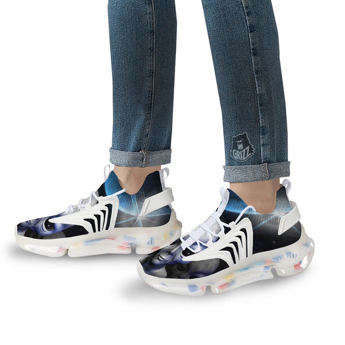 3D Grey Alien Print White Gym Shoes-grizzshop