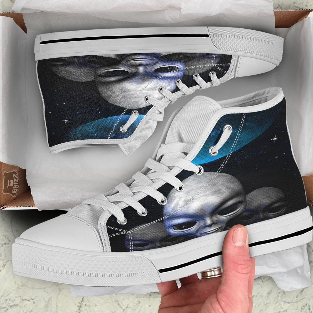 3D Grey Alien Print White High Top Shoes-grizzshop