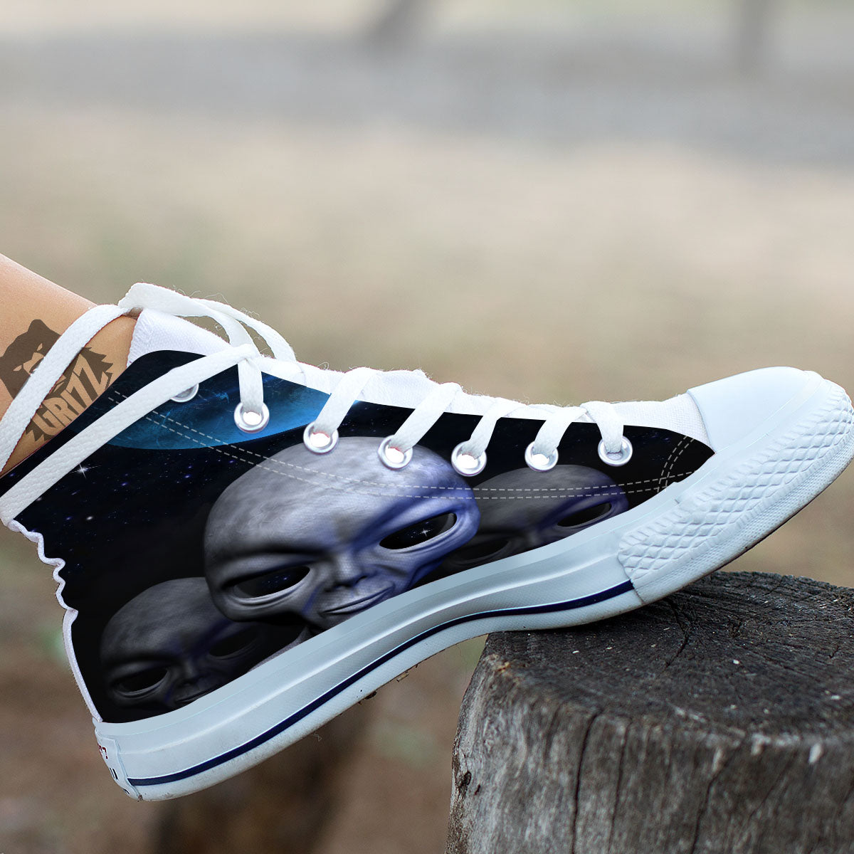 3D Grey Alien Print White High Top Shoes-grizzshop