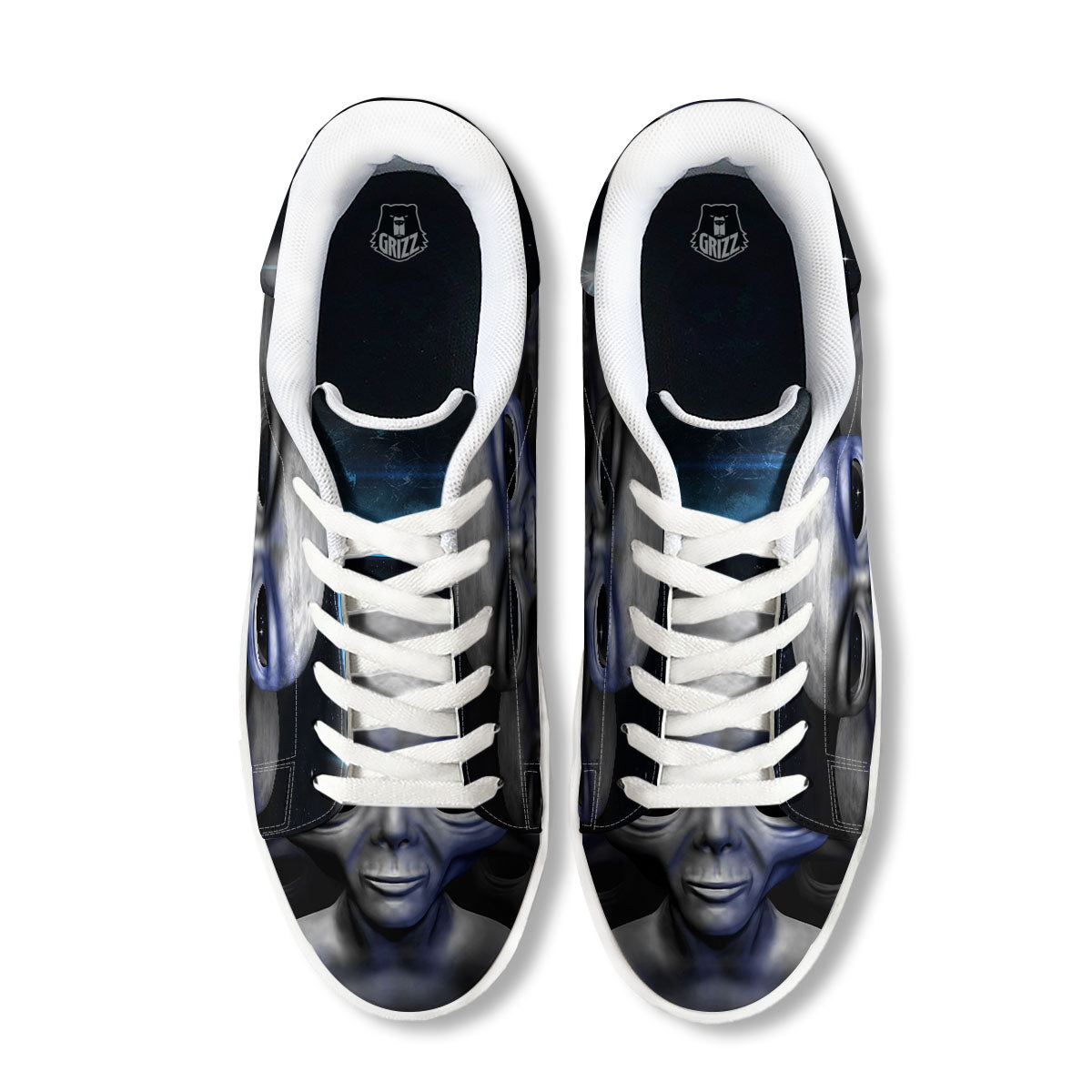 3D Grey Alien Print White Low Top Sneakers-grizzshop