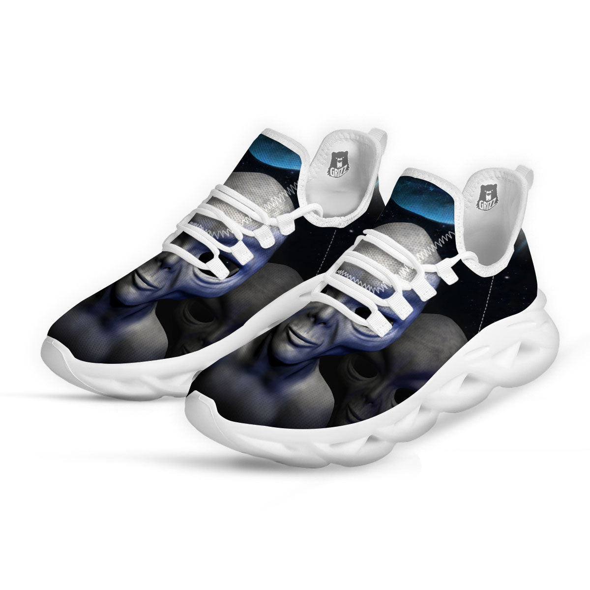 3D Grey Alien Print White Running Shoes-grizzshop