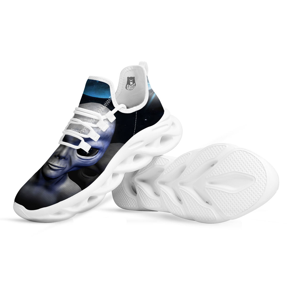 3D Grey Alien Print White Running Shoes-grizzshop