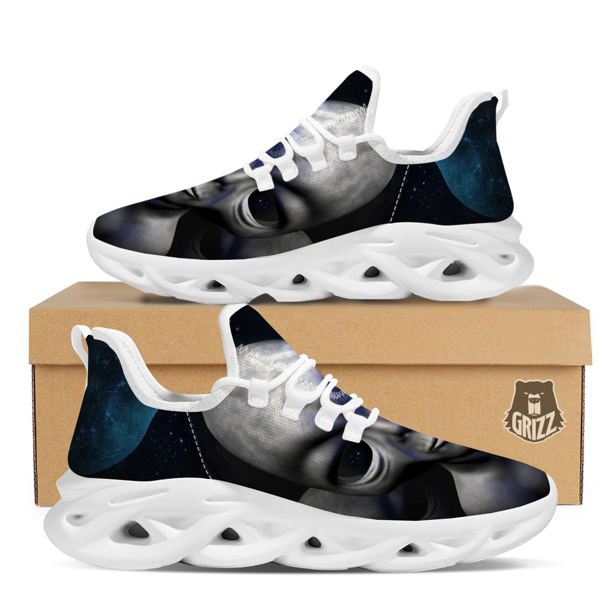 3D Grey Alien Print White Running Shoes-grizzshop
