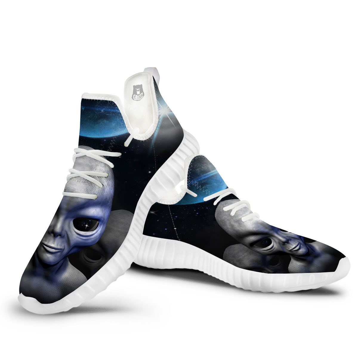 3D Grey Alien Print White Walking Shoes-grizzshop